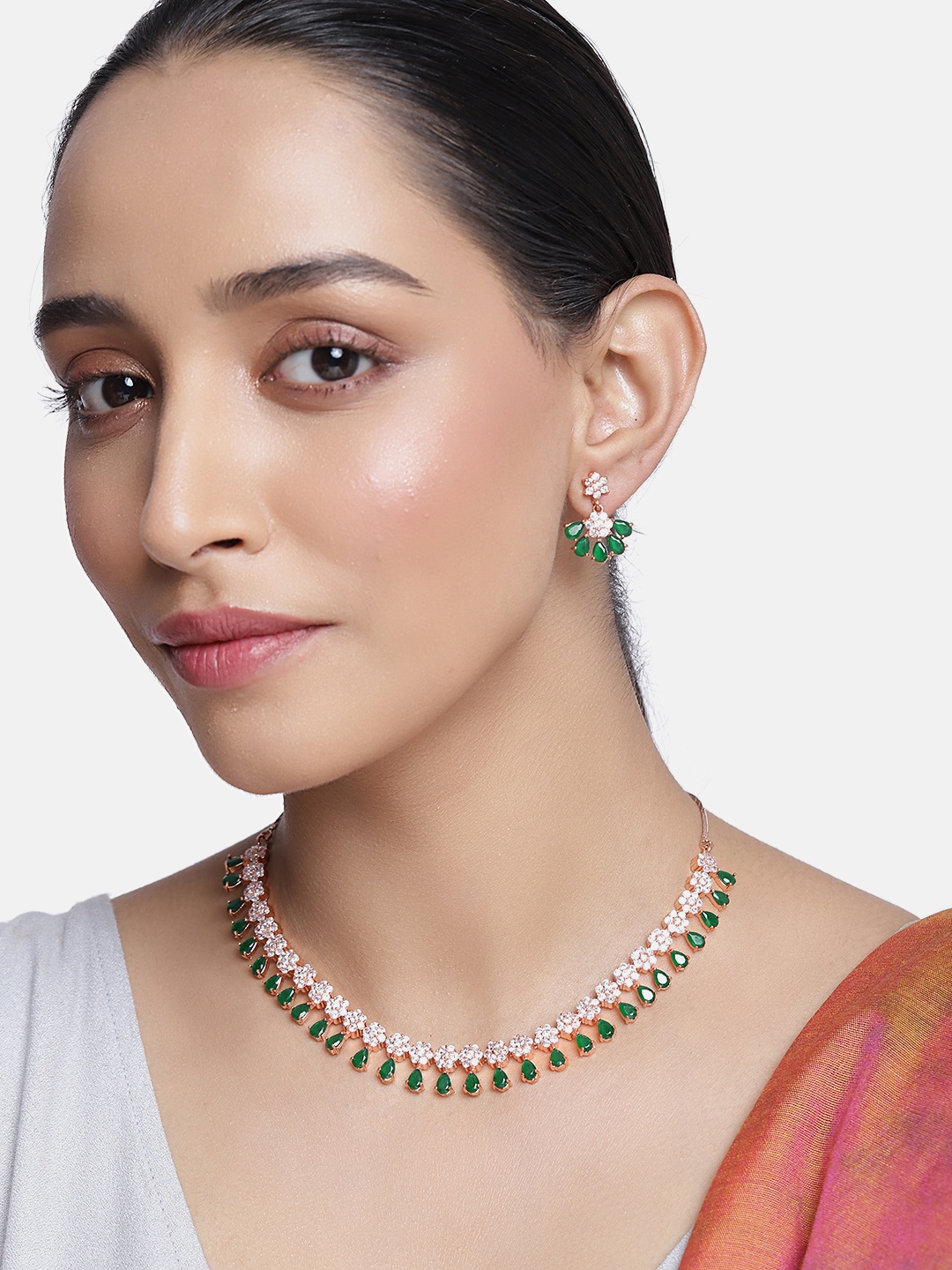 

justpeachy Green & Rose Gold-Plated AD Studded Jewellery Set
