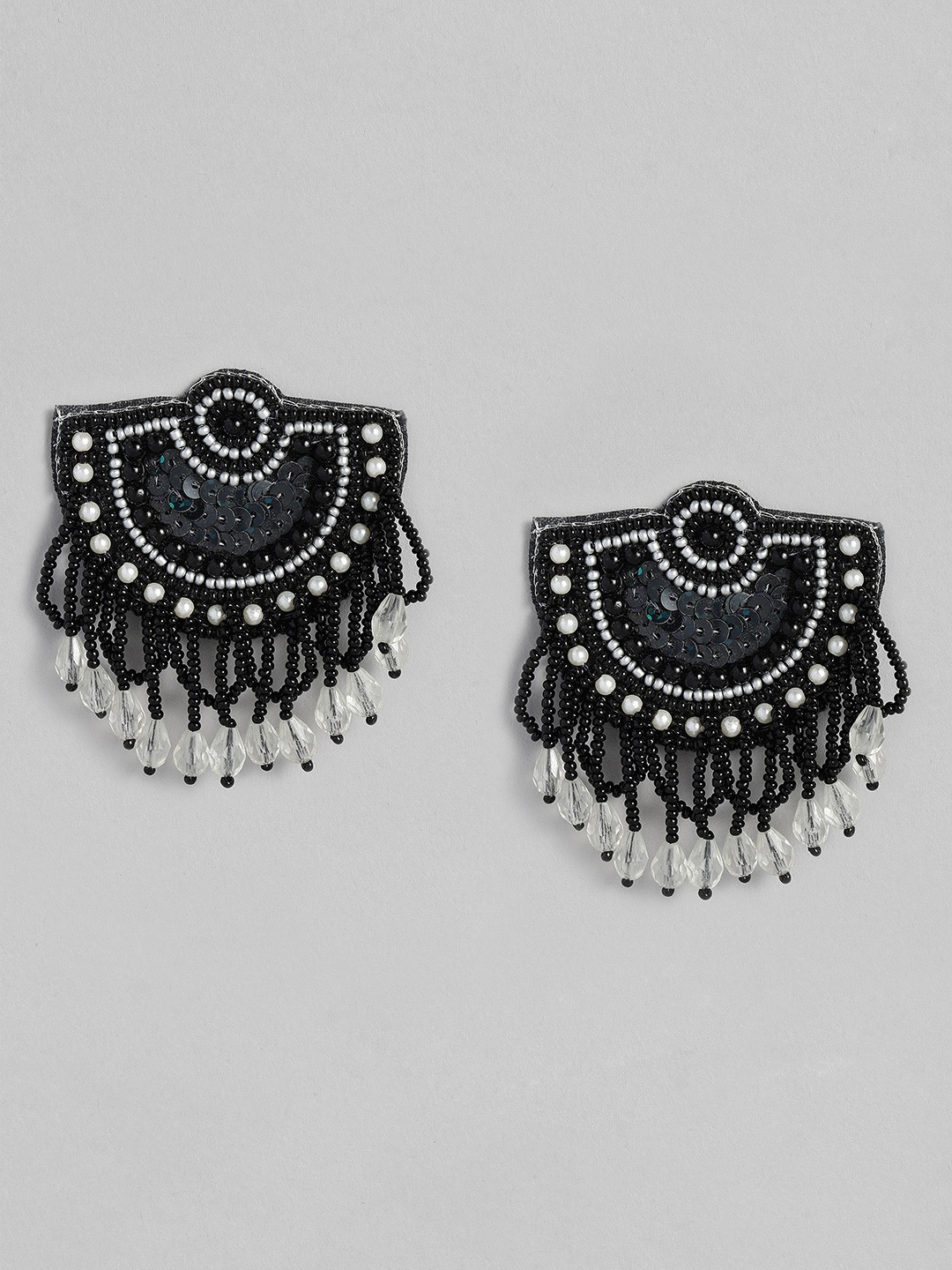 

justpeachy Black & White Beaded Geometric Embellished Drop Earrings