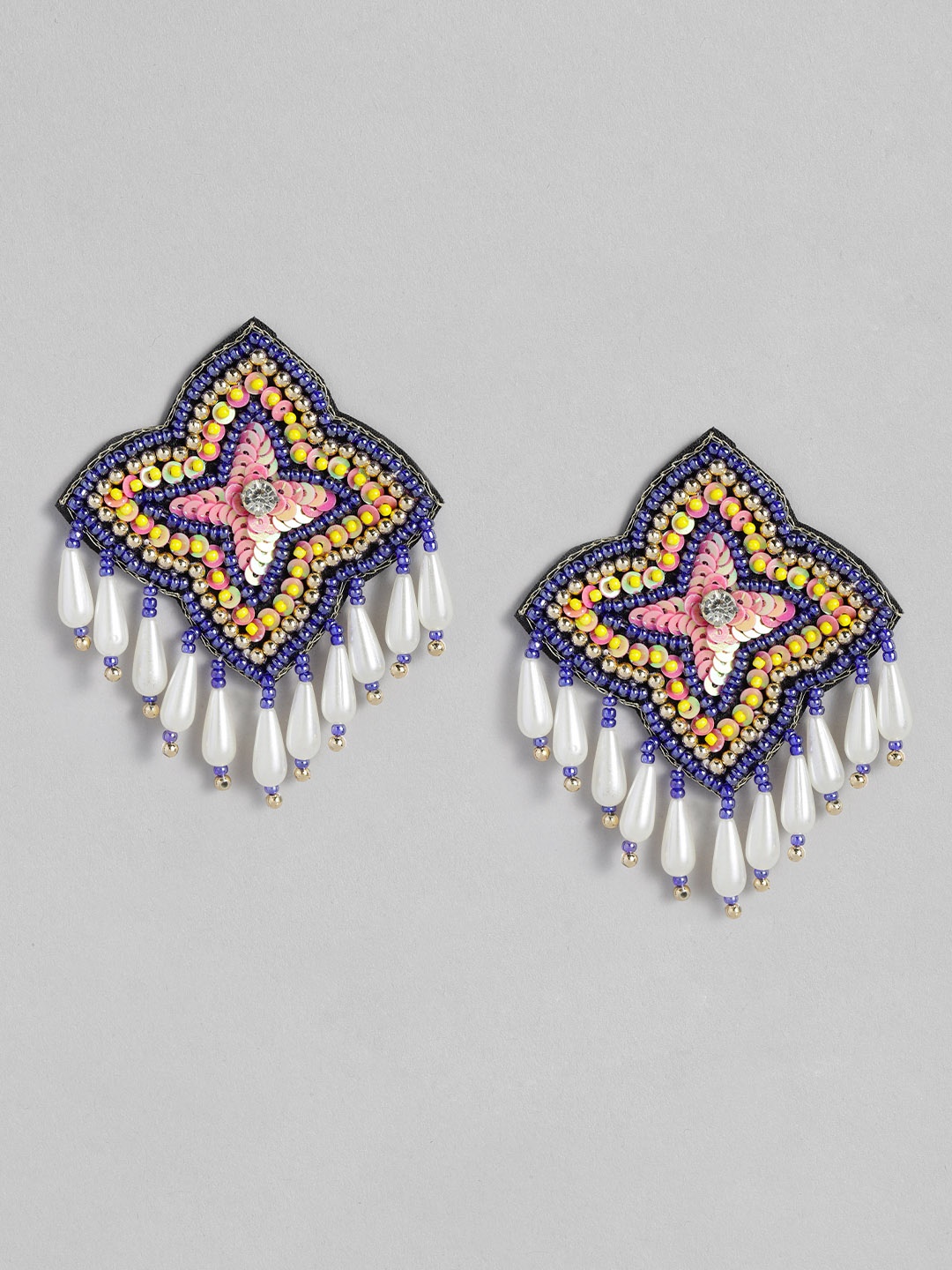 

justpeachy Blue & White Beaded Star Shaped Embellished Drop Earrings