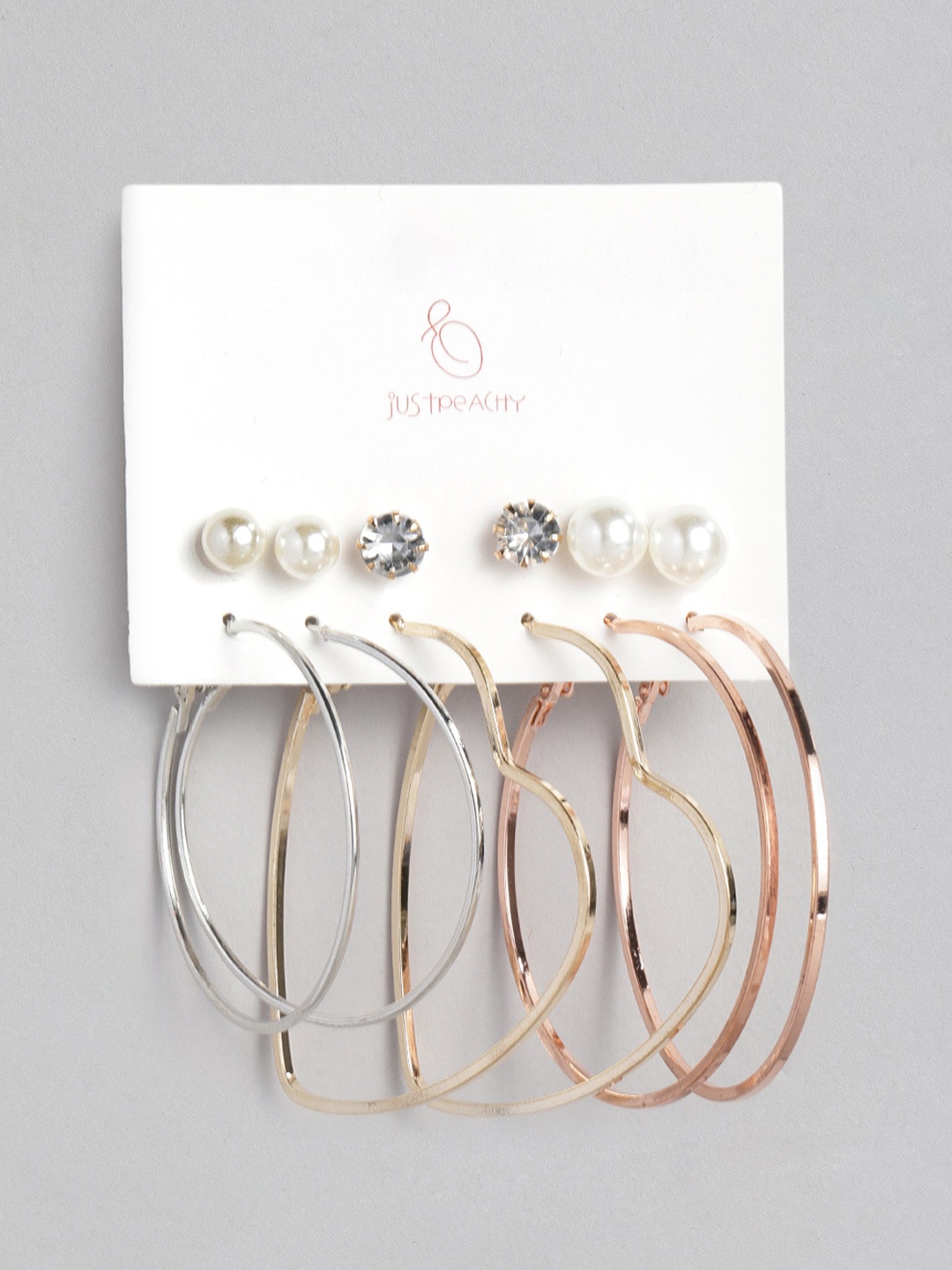 

justpeachy Set of 3 Studs & 3 Hoop Earrings, Silver
