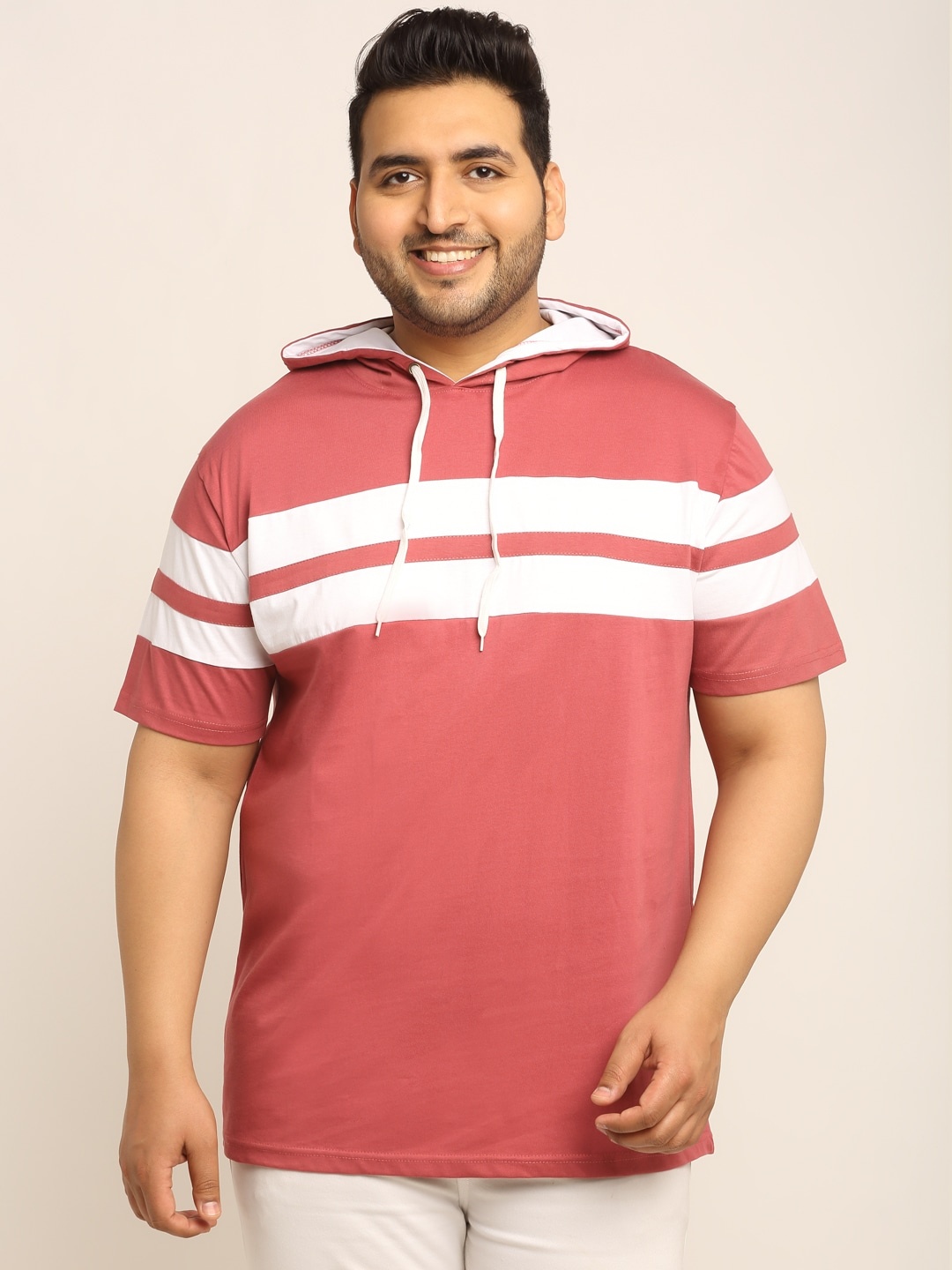 

Rodzen Men Pink Striped Hooded T-shirt