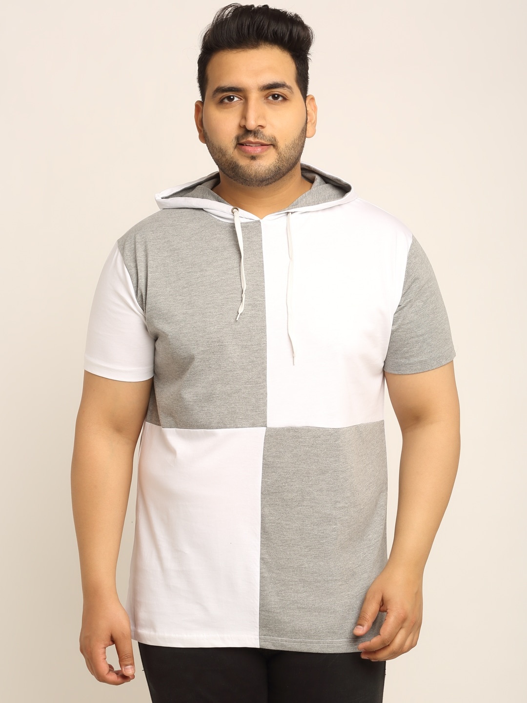 

Rodzen Men Grey & White Colourblocked Hooded T-shirt