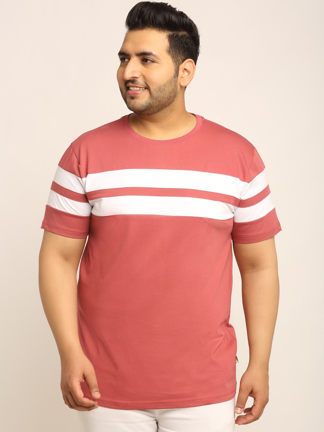 

Rodzen Men Pink Striped Round Neck T-shirt