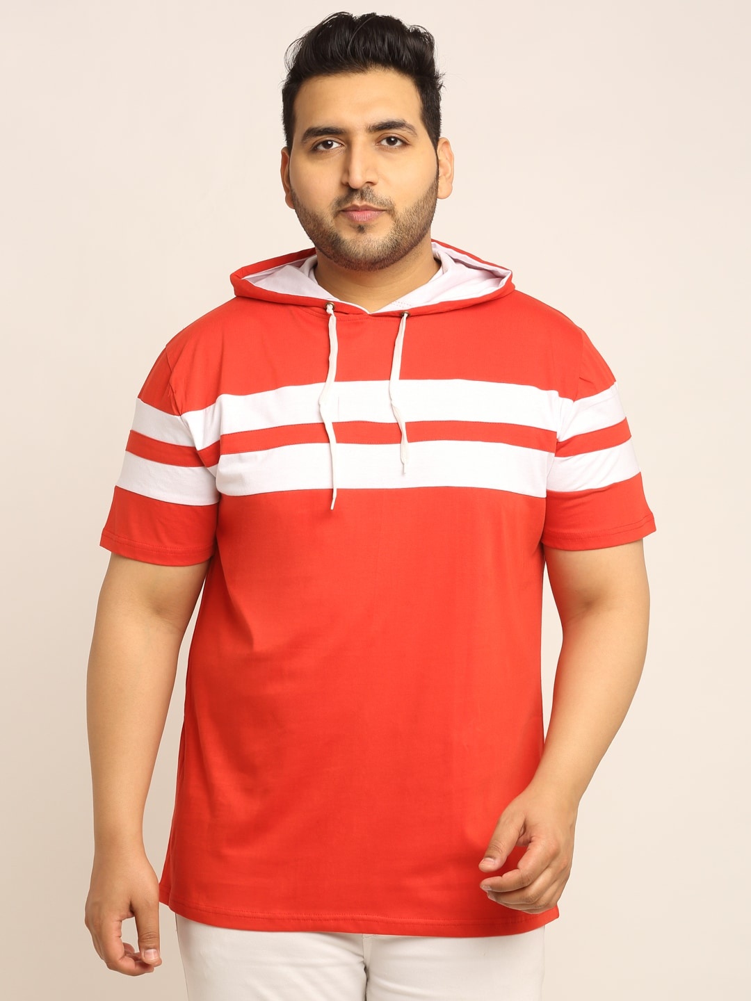 

Rodzen Men Red White Striped Hood Pure Cotton T-shirt