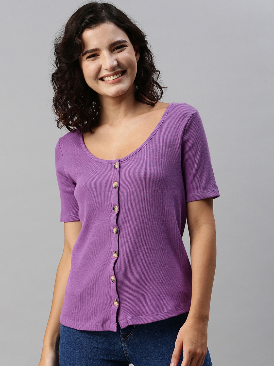 

HERE&NOW Women Lavender Self-Designed Round Neck Regular Top