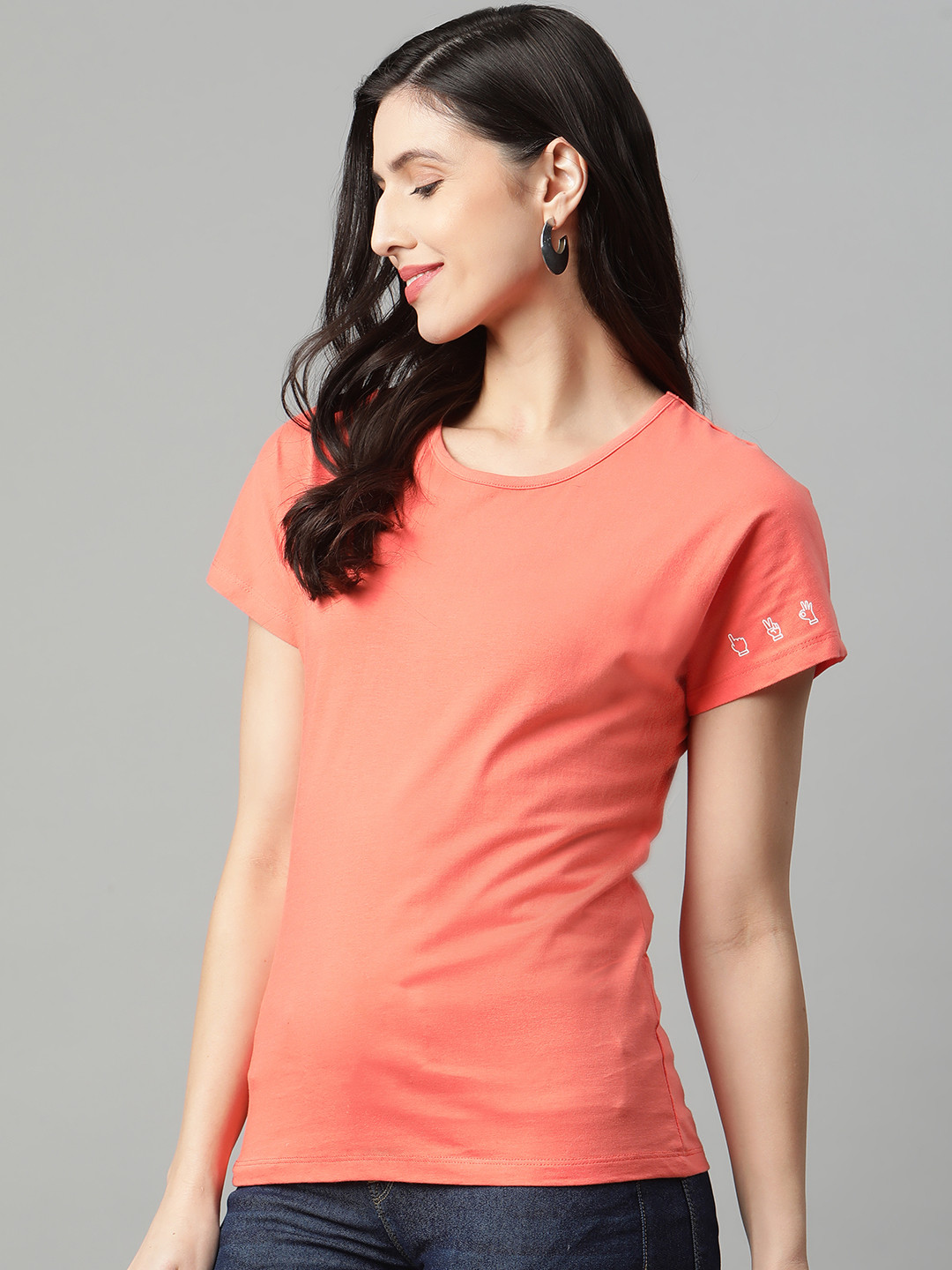 

HERE&NOW Women Coral Pink Solid Pure Cotton Extended Sleeves T-shirt