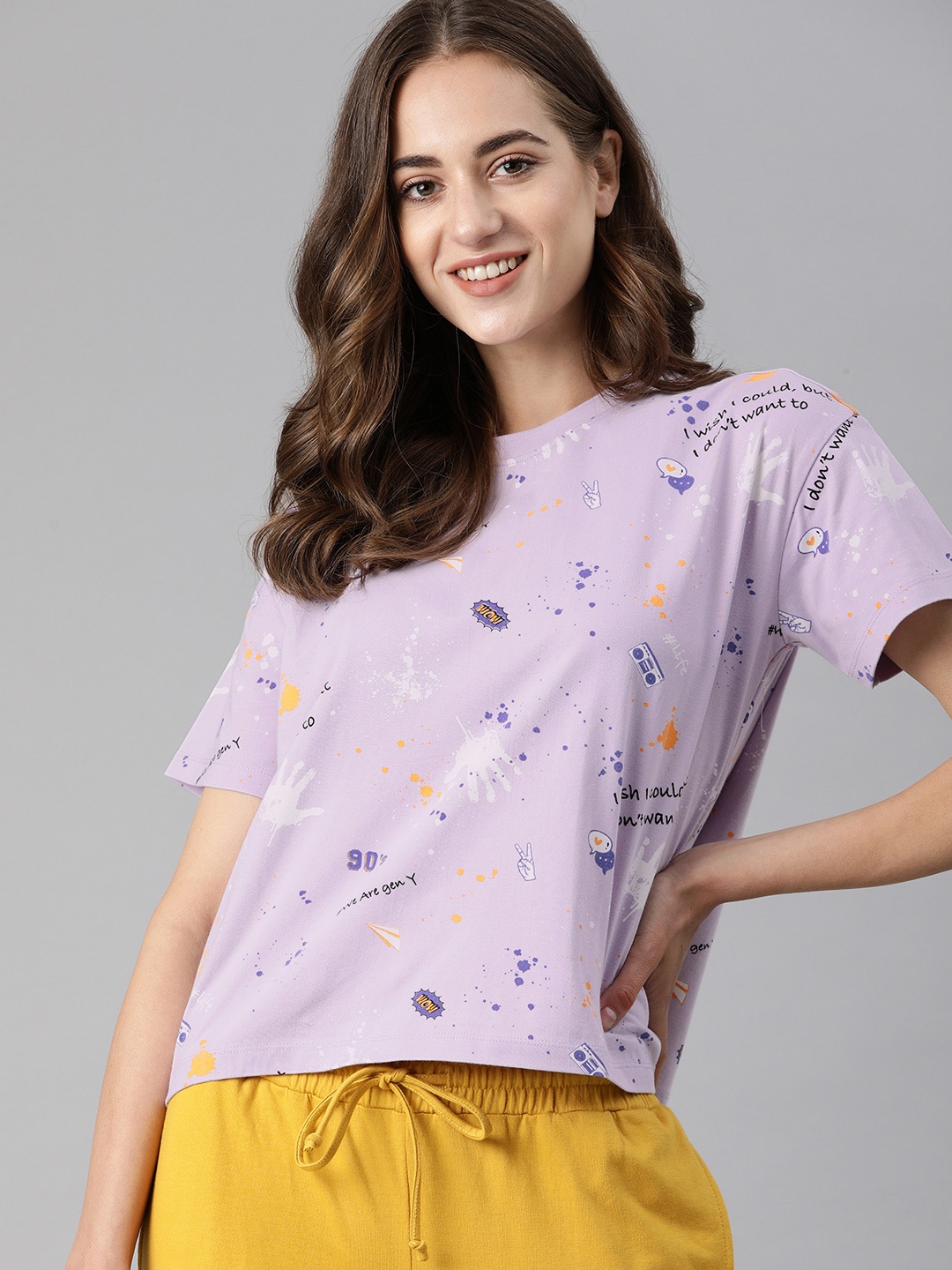 

HERENOW Women Lavender Black Printed Drop-Shoulder Sleeves Pure Cotton T-shirt