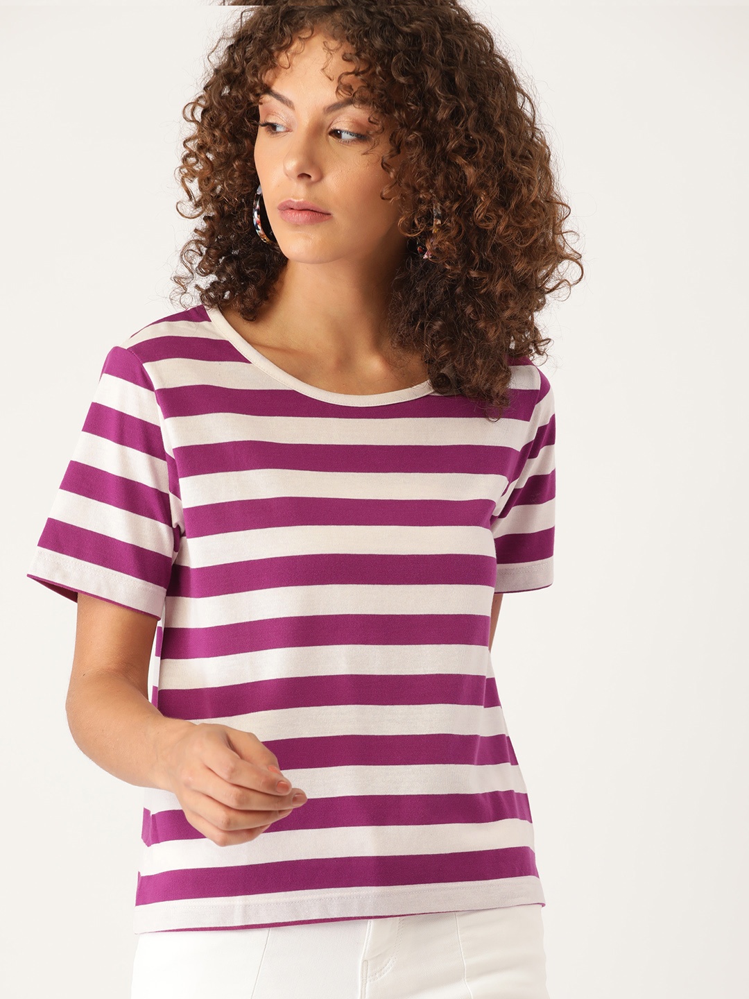 

Moda Rapido Women White & Purple Striped T-shirt