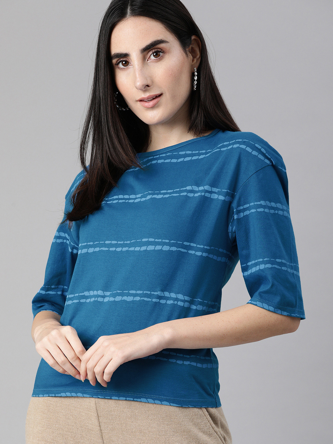 

HERENOW Women Blue Striped Pure Cotton T-shirt