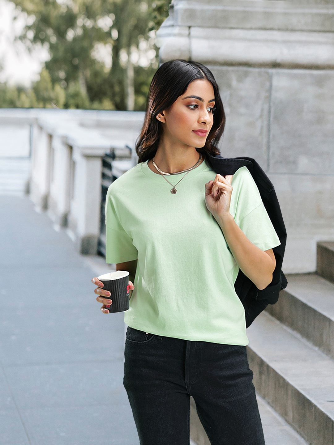 

Moda Rapido Women Sea Green Drop-Shoulder Sleeves Pure Cotton T-shirt