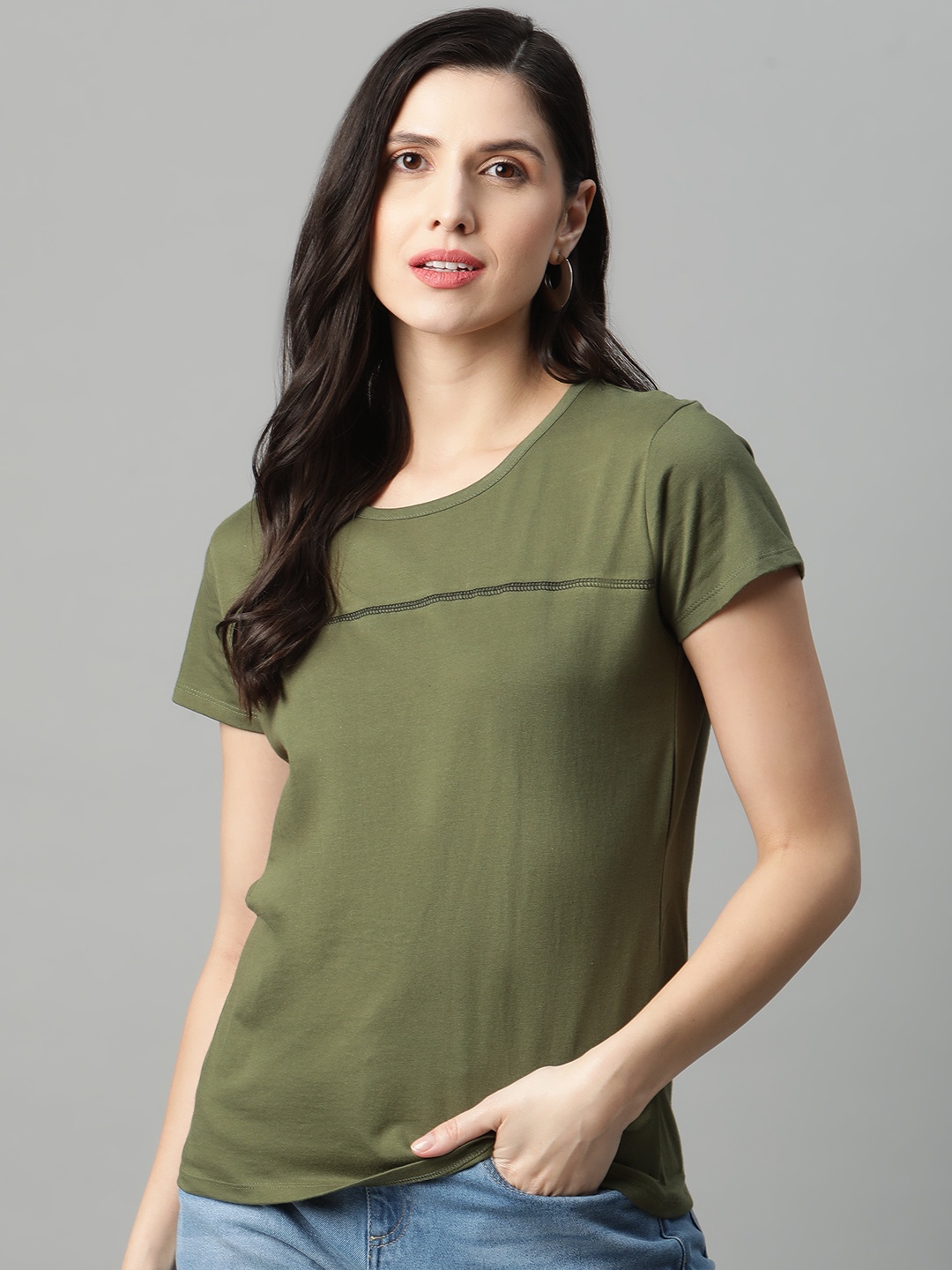 

HERE&NOW Women Olive Green Pure Cotton Solid T-shirt