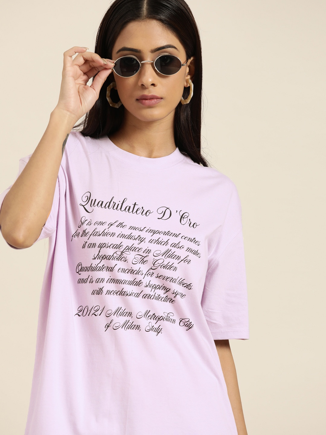 

Moda Rapido Women Lavender & Black Pure Cotton Printed Drop-Shoulder Sleeves T-shirt