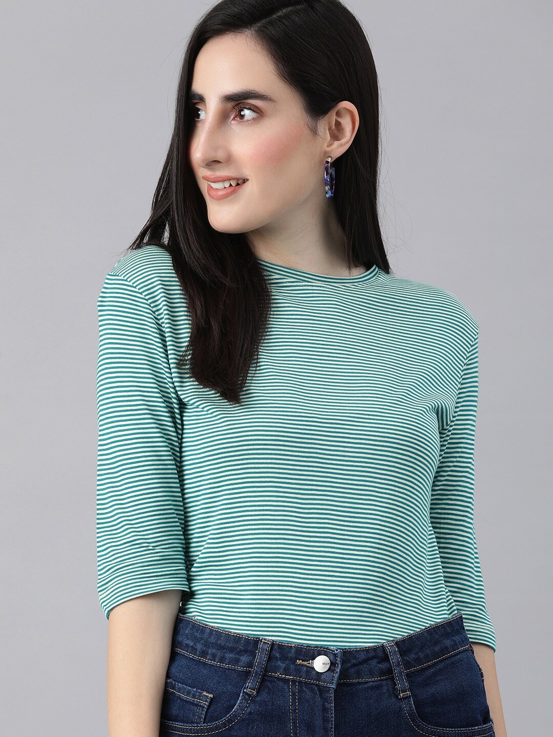 

HERE&NOW Women Green & Cream-Coloured Striped Regular Top