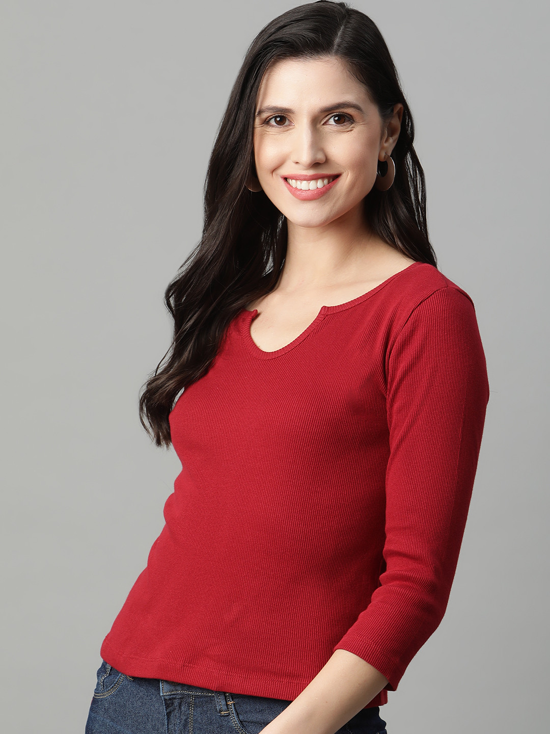 

HERE&NOW Women Red Pure Cotton Ribbed T-shirt