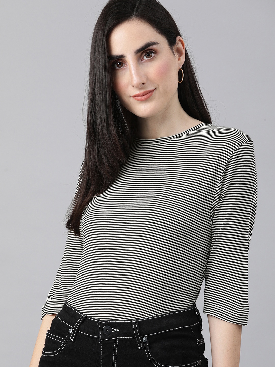 

HERE&NOW Women Black & Cream-Coloured Striped Regular Top