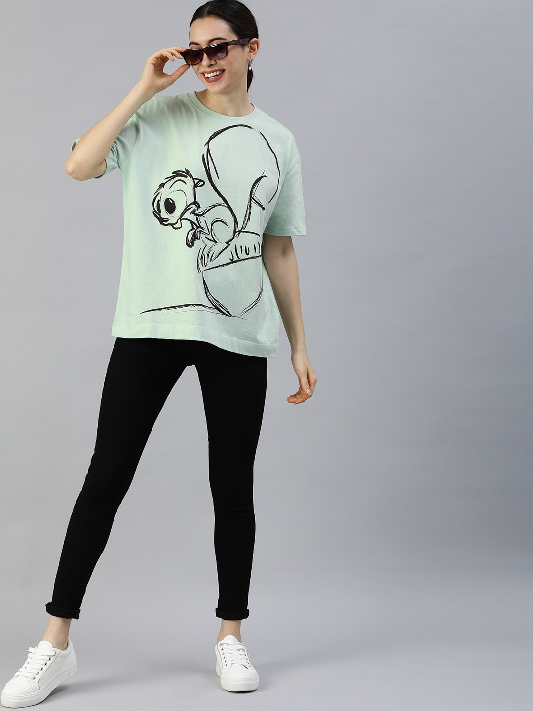 HERENOW Women Green Printed Oversized Pure Cotton T-shirt
