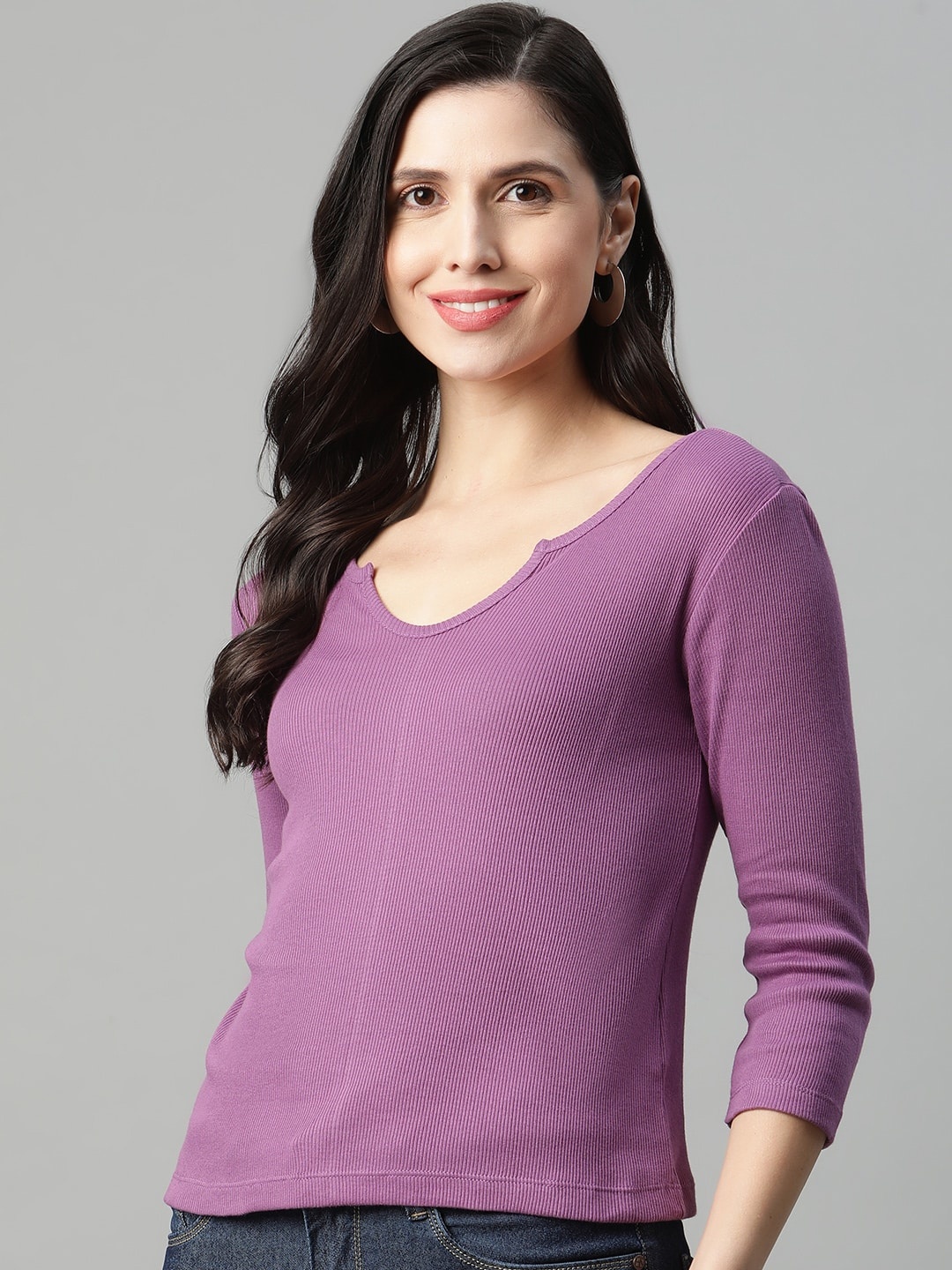 

HERE&NOW Women Purple Pure Cotton Ribbed T-shirt