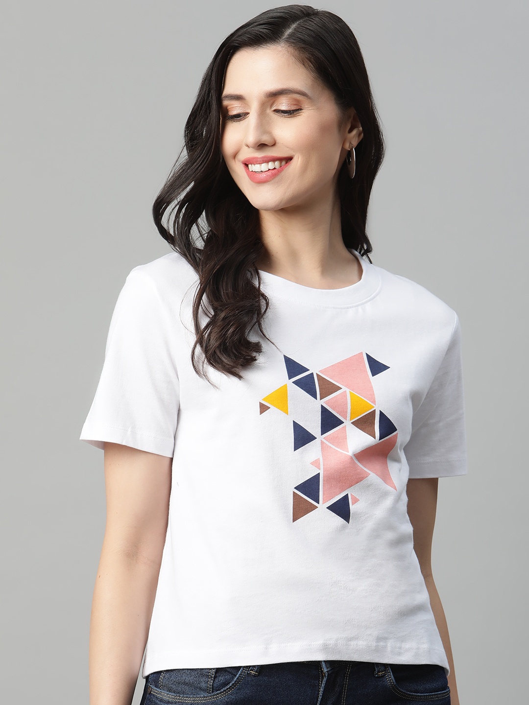 

HERENOW Women White Pink Printed Pure Cotton T-shirt