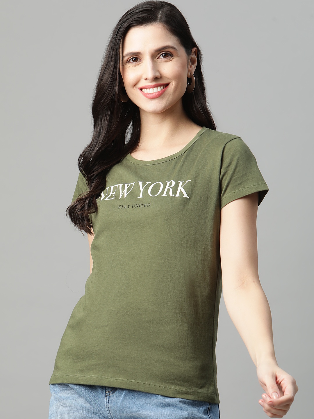 

HERE&NOW Women Olive Green & White Pure Cotton Printed T-shirt