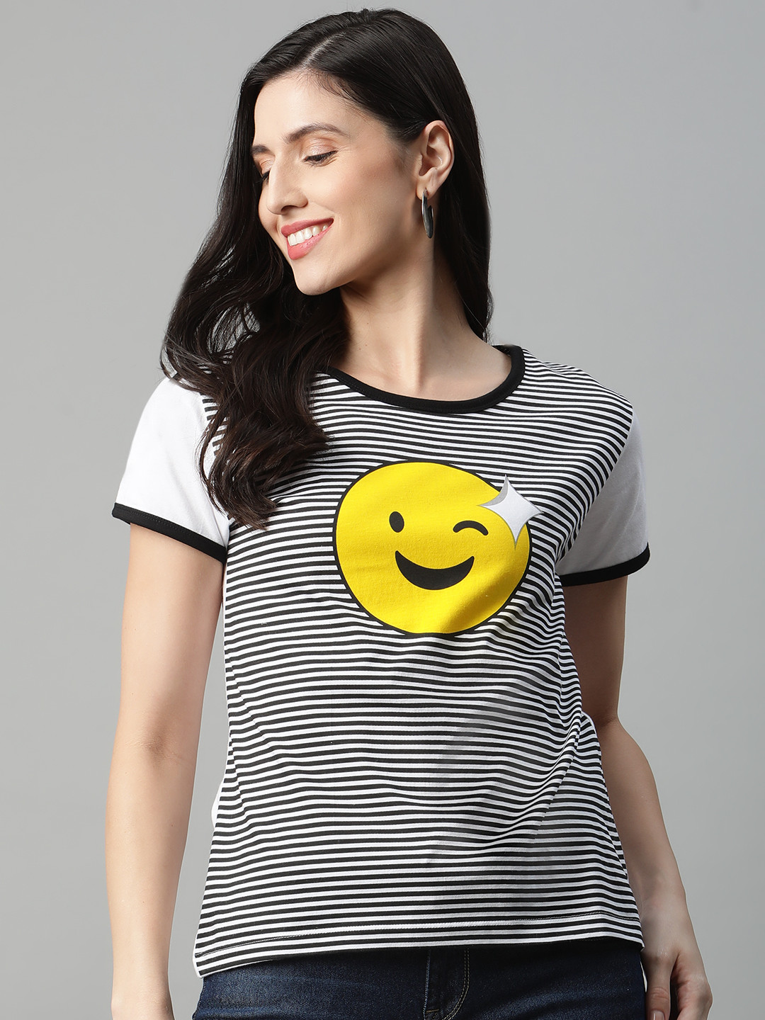 

HERENOW Women White Black Striped Pure Cotton T-shirt