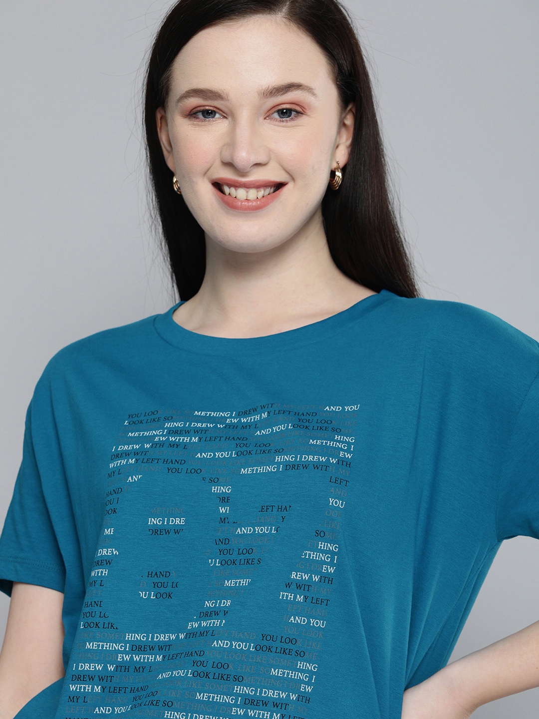 

HERENOW Women Blue Pure Cotton Printed Pure Cotton T-shirt