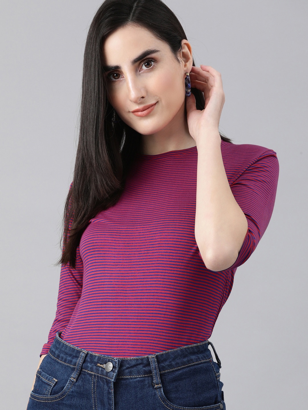 

HERE&NOW Women Pink & Navy Blue Striped Regular Top