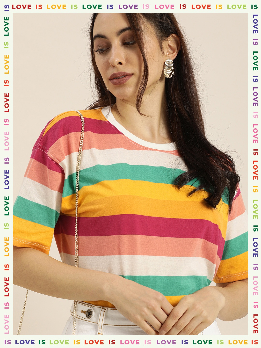 

Moda Rapido Women Oversized Multicoloured Candy Stripes Drop-Shoulder Sleeves T-shirt, Multi