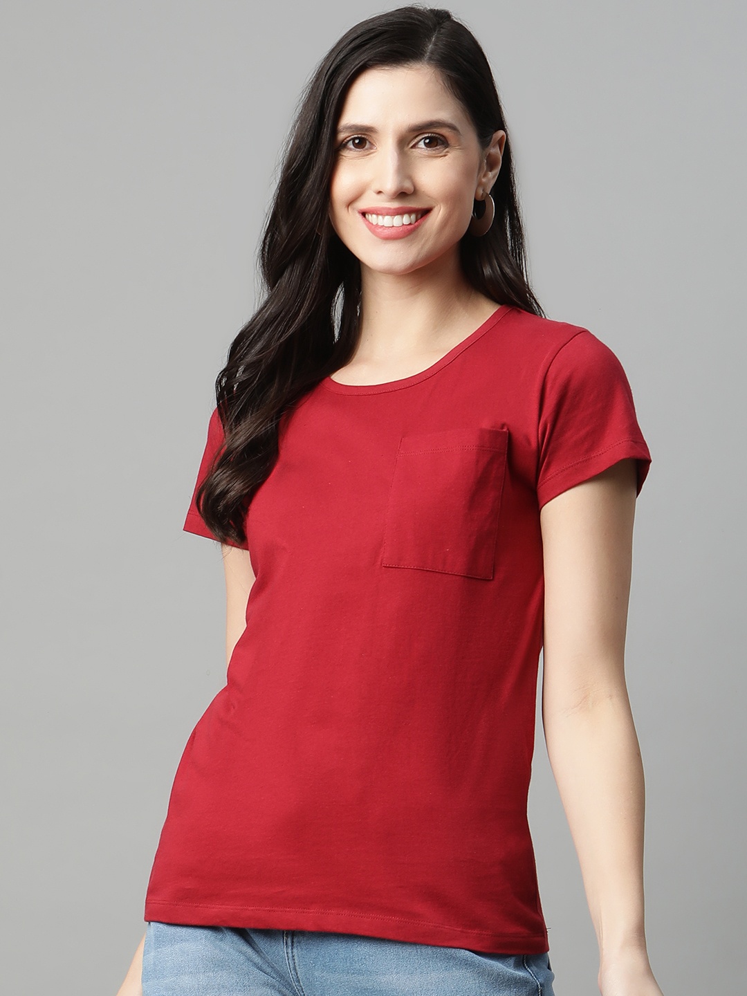 

HERENOW Women Red Solid Pure Cotton T-shirt