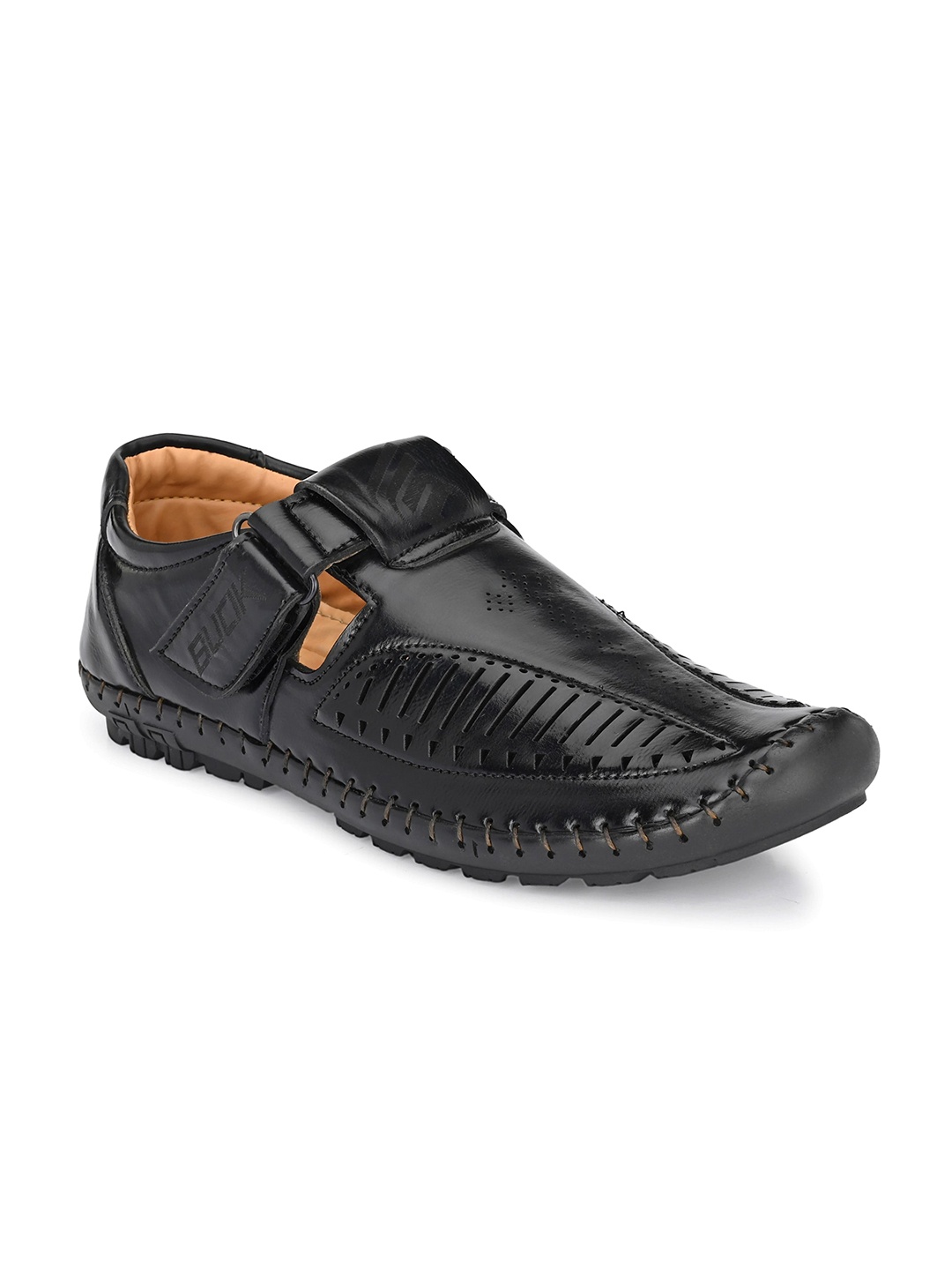 

BUCIK Men Black Laser Cut Shoe-Style Sandals