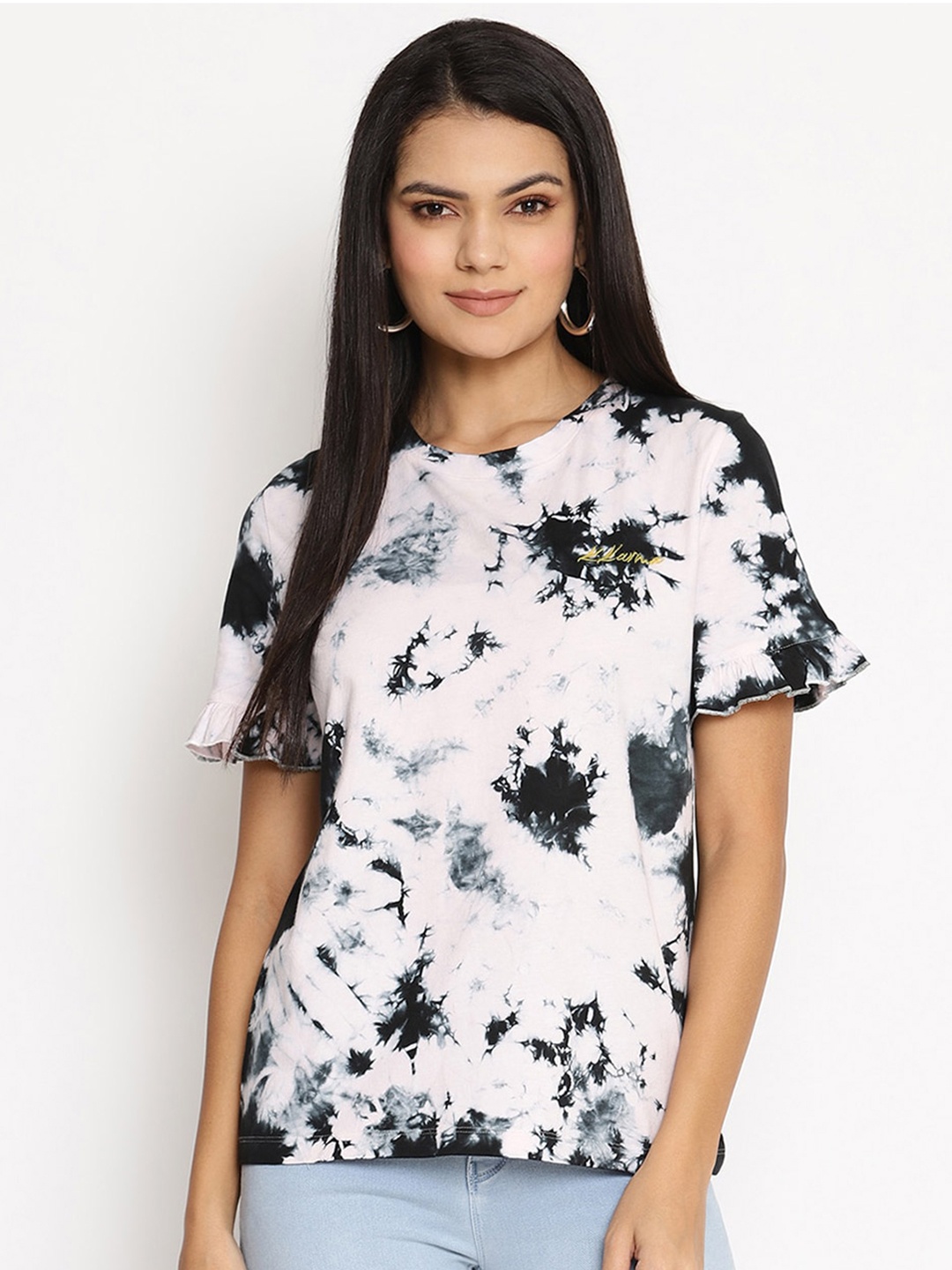 

HOUSE OF KKARMA Women Light Pink & Black Tie-Dye Print Round Neck T-shirt