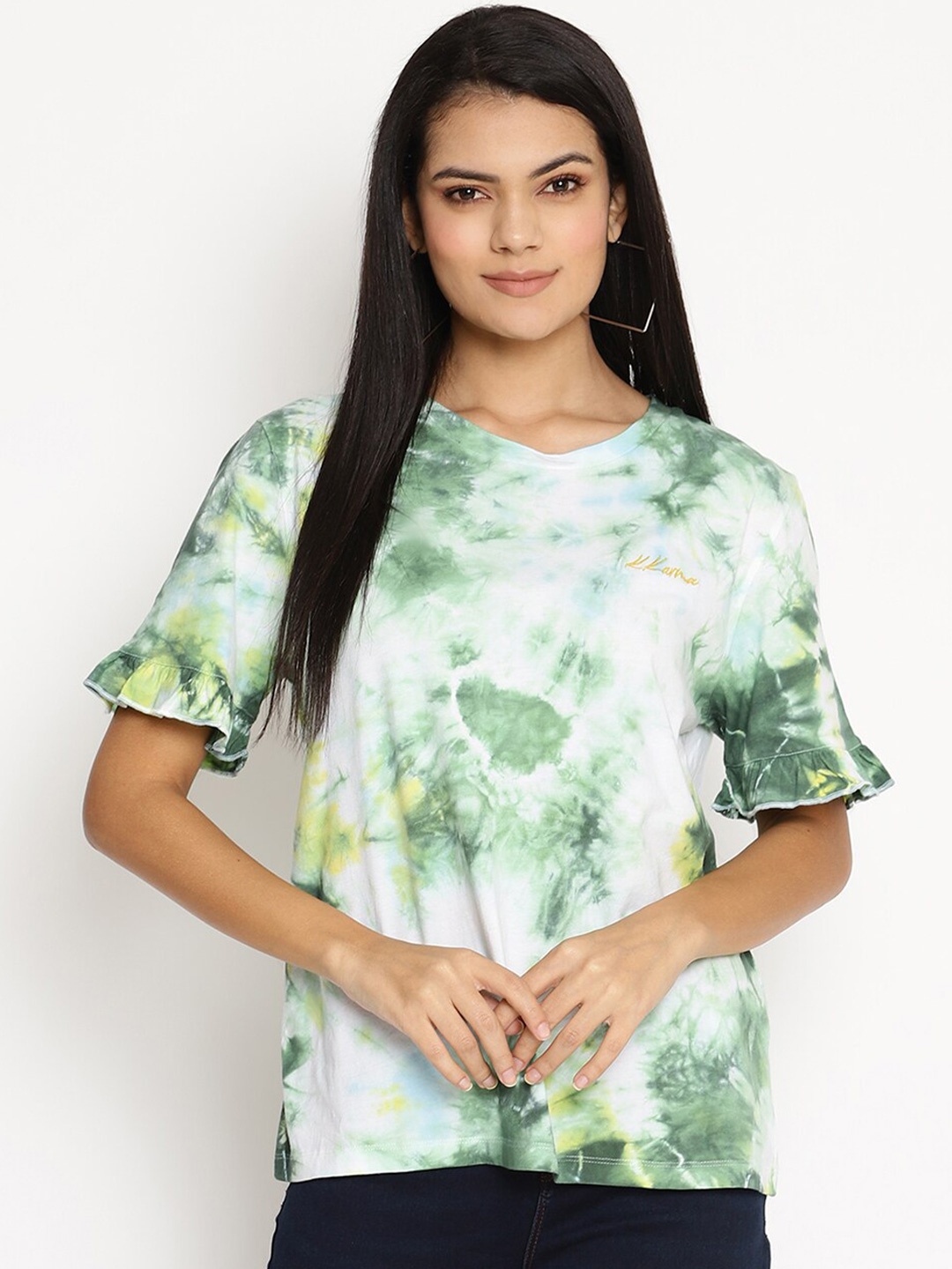 

HOUSE OF KKARMA Women Green Tie-Dye Print Round Neck T-shirt