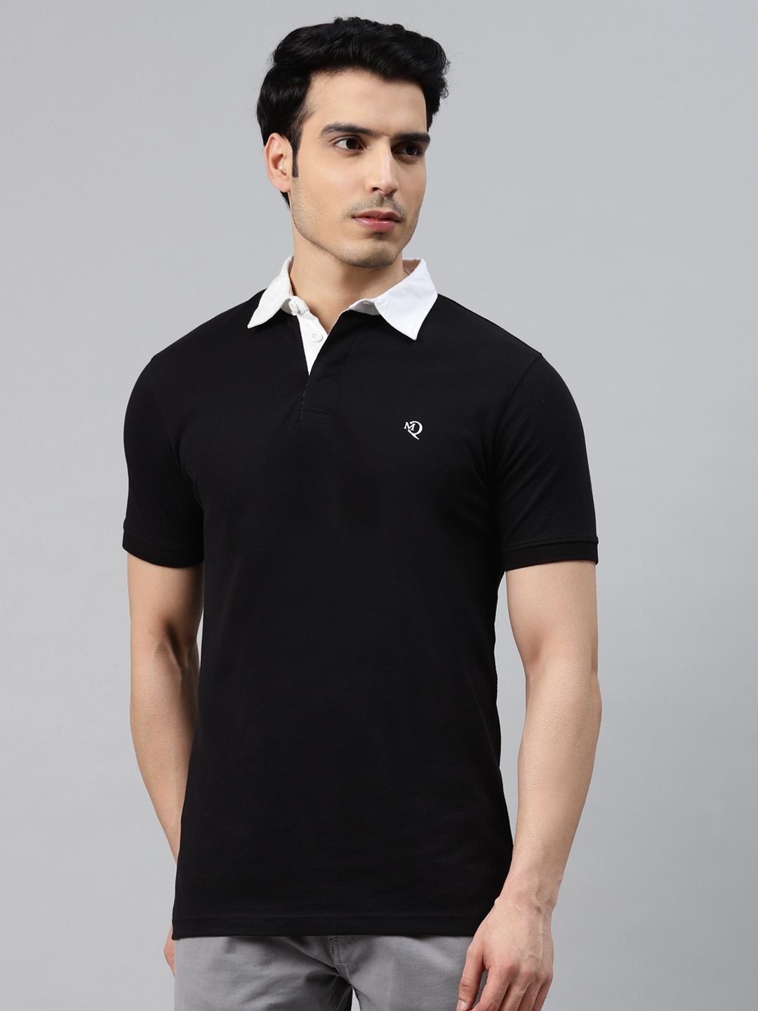 

ManQ CASUAL Men Black Solid Polo Collar Slim Fit T-shirt