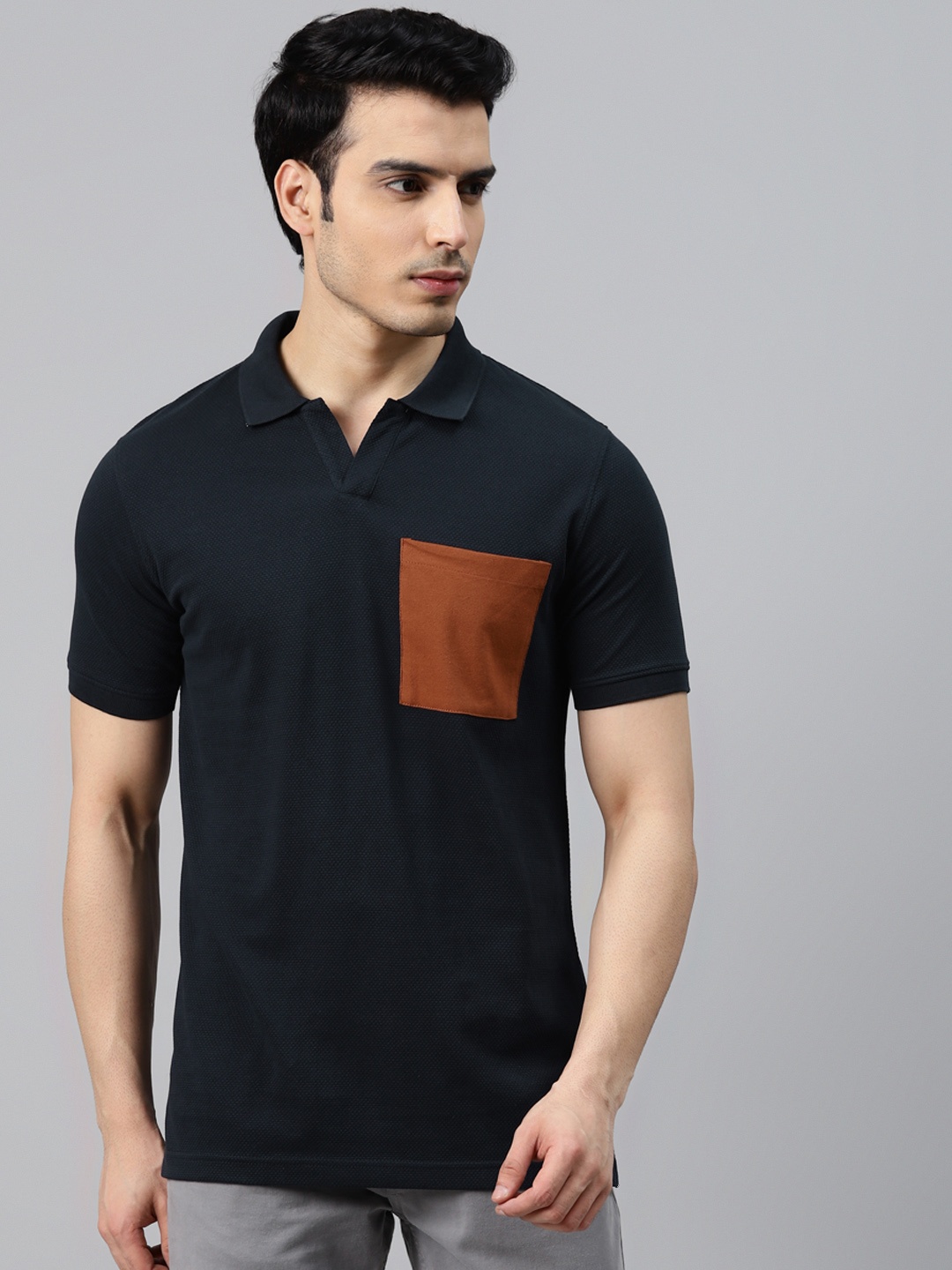 

ManQ CASUAL Men Navy Blue Pocket Detailing Polo Collar Slim Fit T-shirt