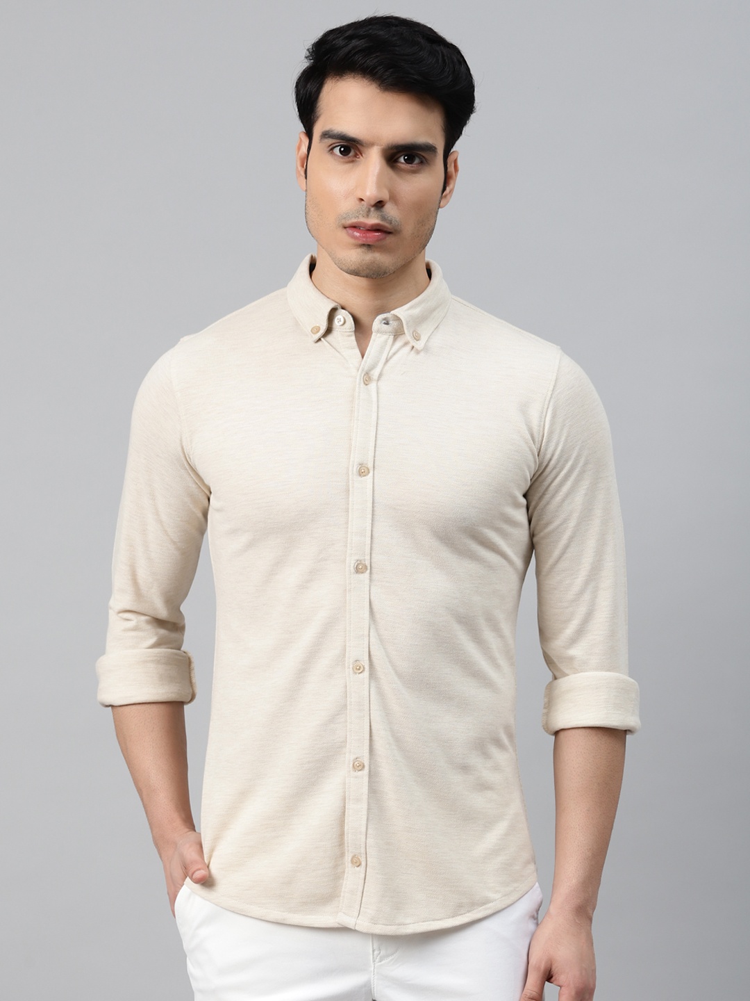 

ManQ CASUAL Men Off White Pure Cotton Knitted Slim Fit Casual Shirt