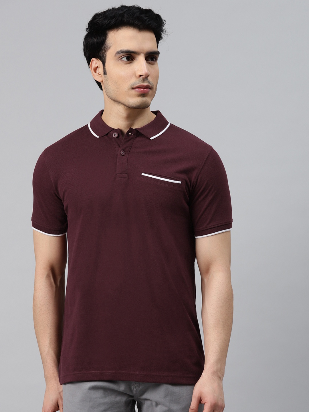 

ManQ CASUAL Men Maroon Pure Cotton Slim Fit Polo Collar Pure Cotton T-shirt