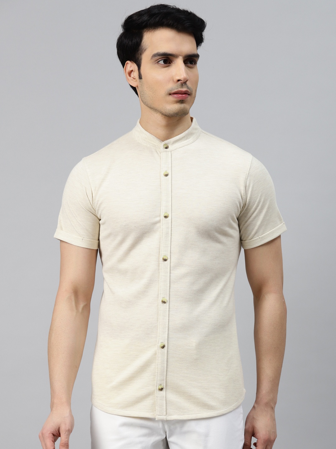 

ManQ CASUAL Men Off White Pure Cotton Knitted Slim Fit Casual Shirt