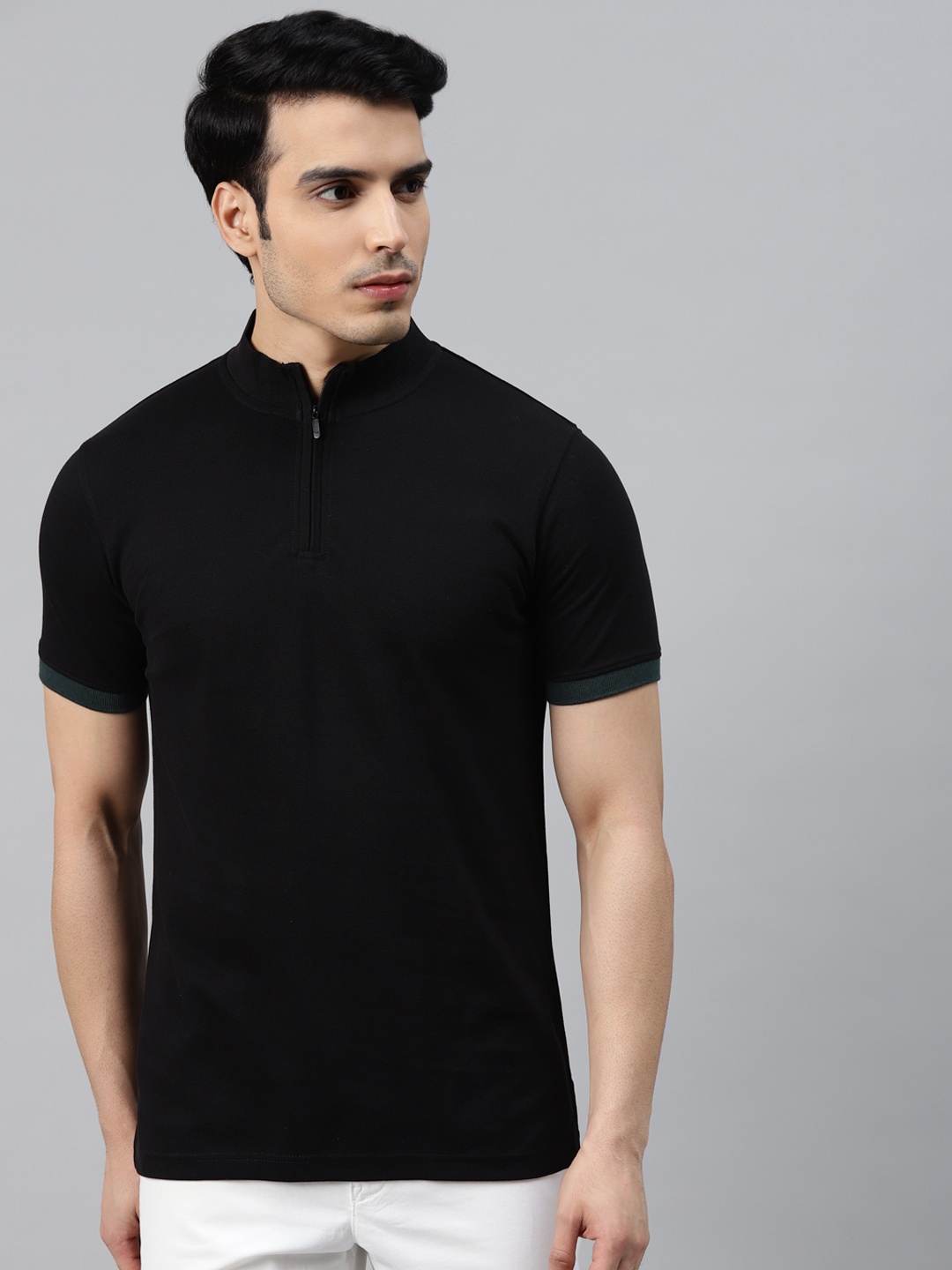 

ManQ CASUAL Men Black Mock Neck Slim Fit T-shirt