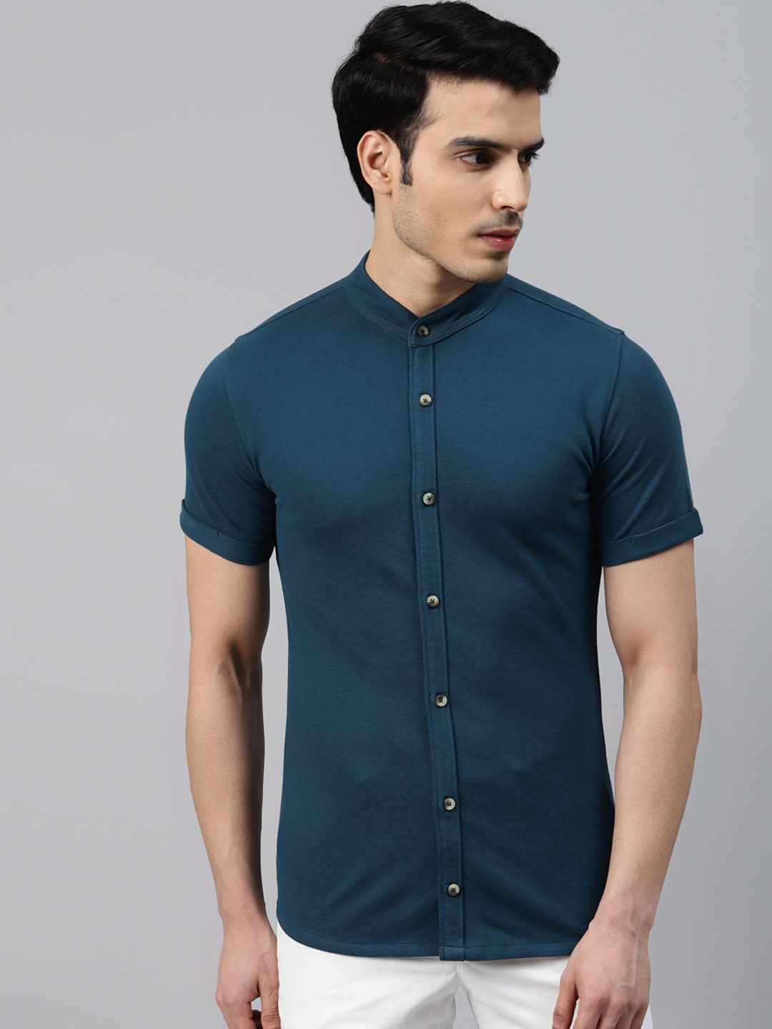 

ManQ CASUAL Men Teal Blue Pure Cotton Knitted Slim Fit Casual Shirt