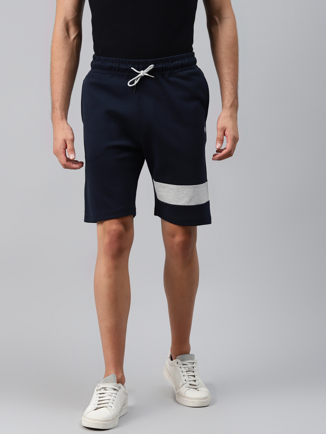 

ManQ CASUAL Men Navy Blue & Grey Melange Colourblocked Slim Fit Cotton Training Sports Shorts