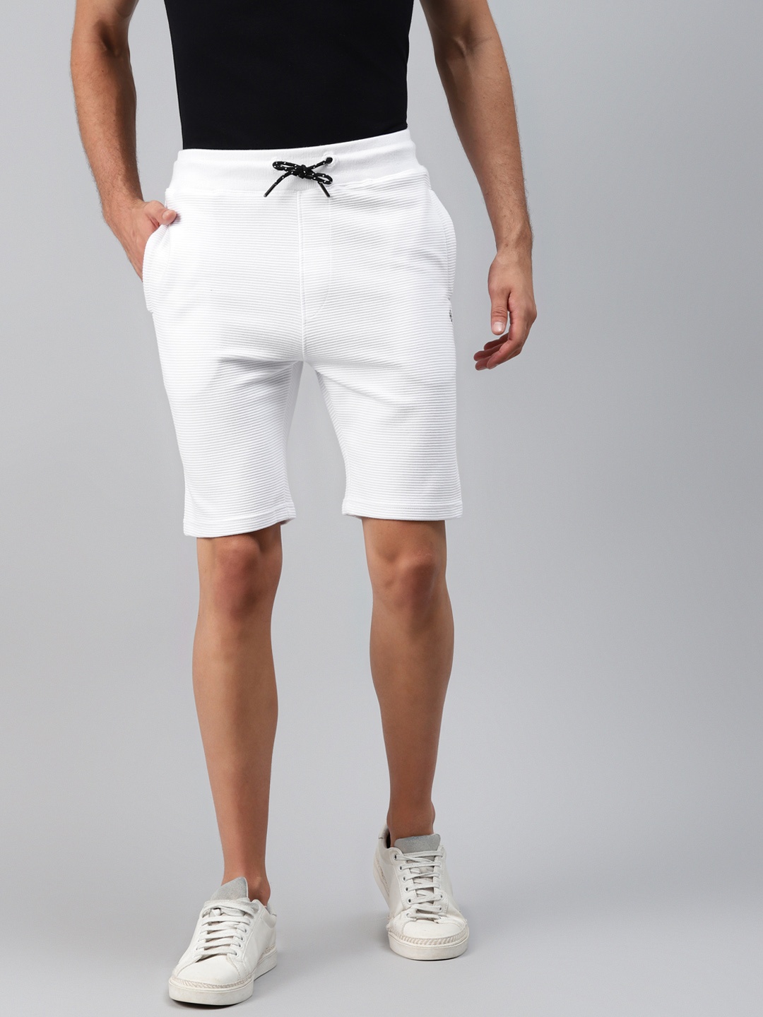 

ManQ CASUAL Men White Self-Striped Slim Fit Pure Cotton Training Sports Shorts