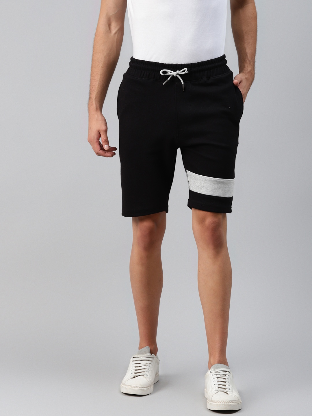 

ManQ CASUAL Men Black & Grey Melange Colourblocked Slim Fit Cotton Training Sports Shorts