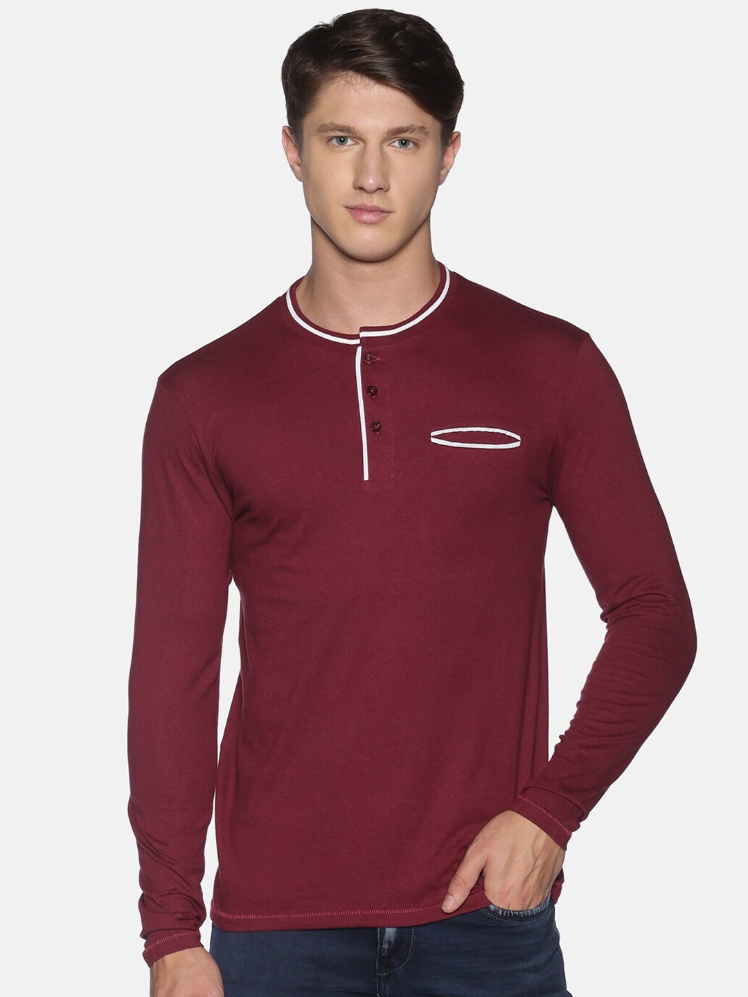 

UrGear Men Maroon Solid Henley Neck T-shirt