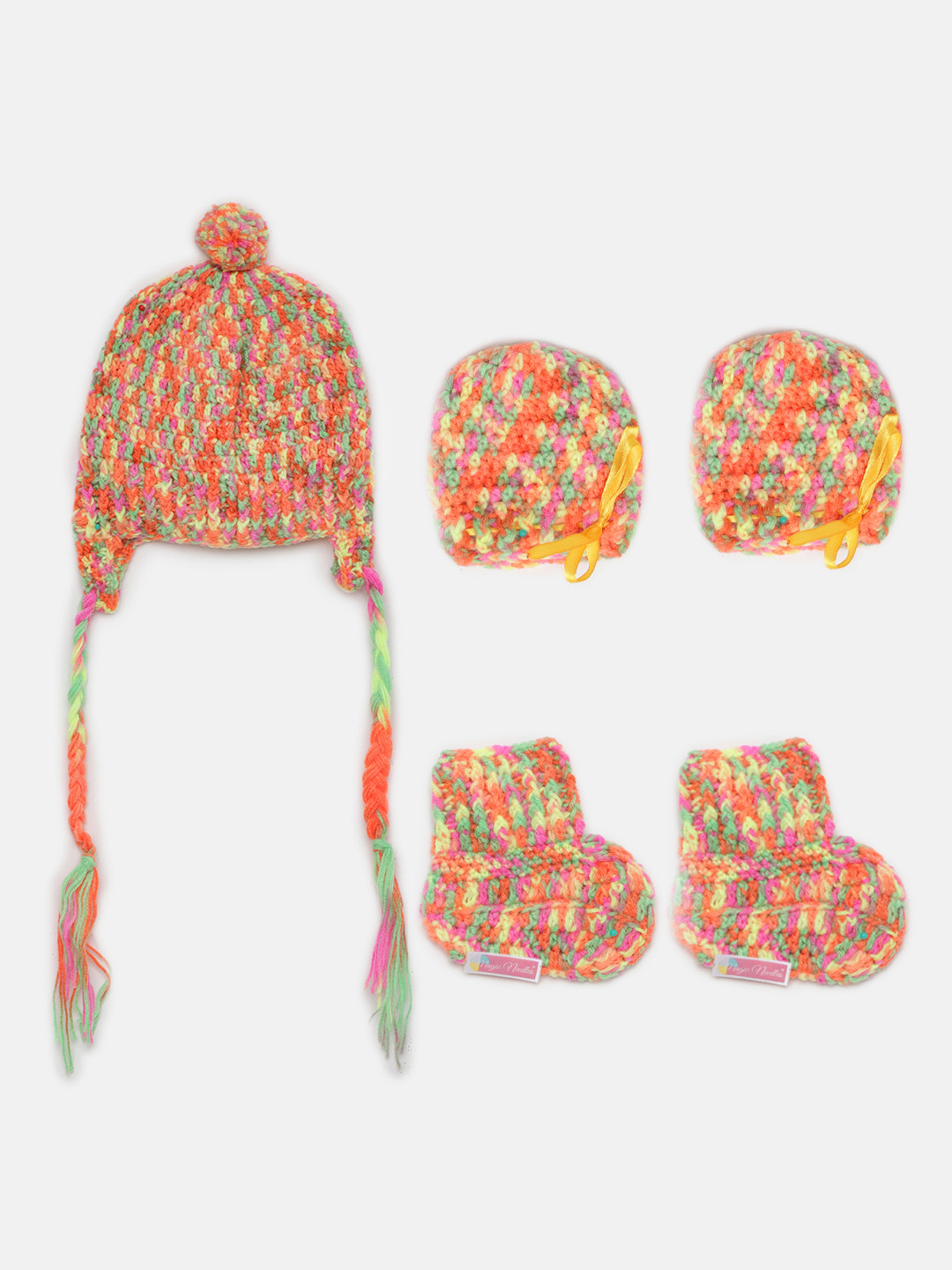 

Magic Needles Set of Handmade Cap with Braids & Booties and Mittens, Multi