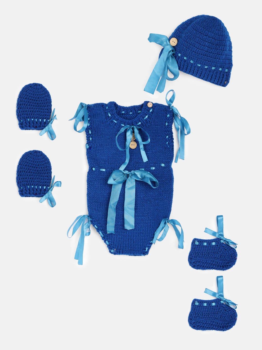 

Magic Needles Infant Blue Handmade Crochet Bodysuit Cap Booties & Mittens Gift Set