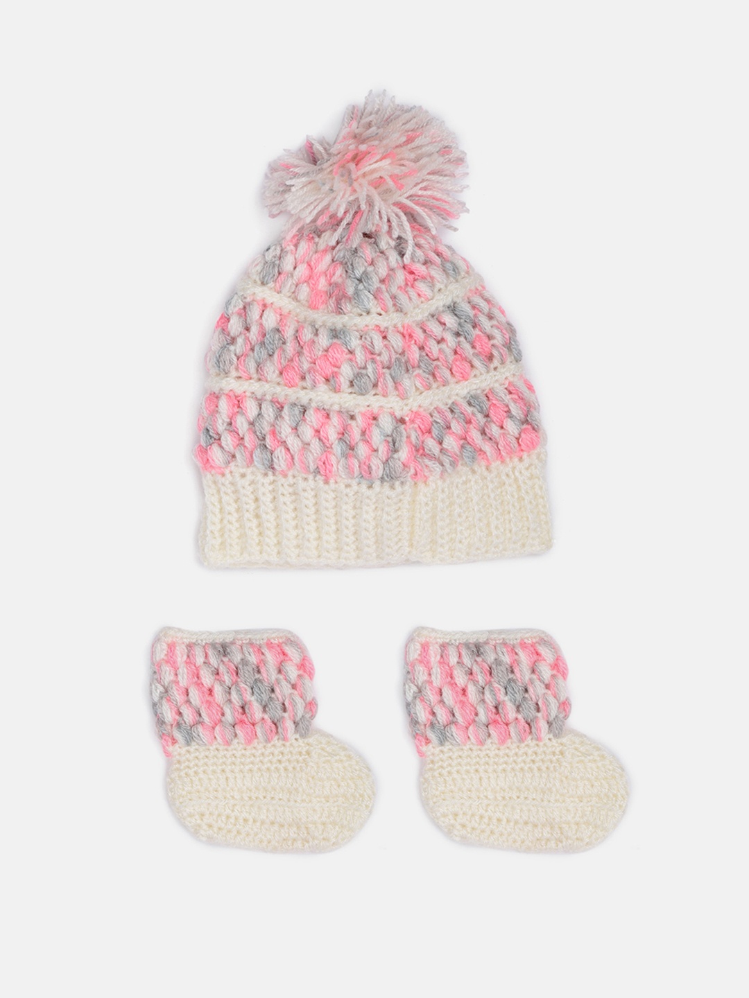 

Magic Needles Baby Cream-Coloured Handmade Cap & Booties Set