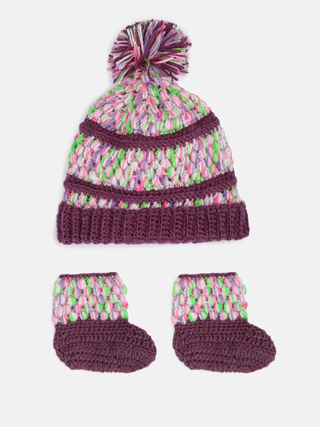 

Magic Needles Girls Purple Handmade Cap & Booties Set