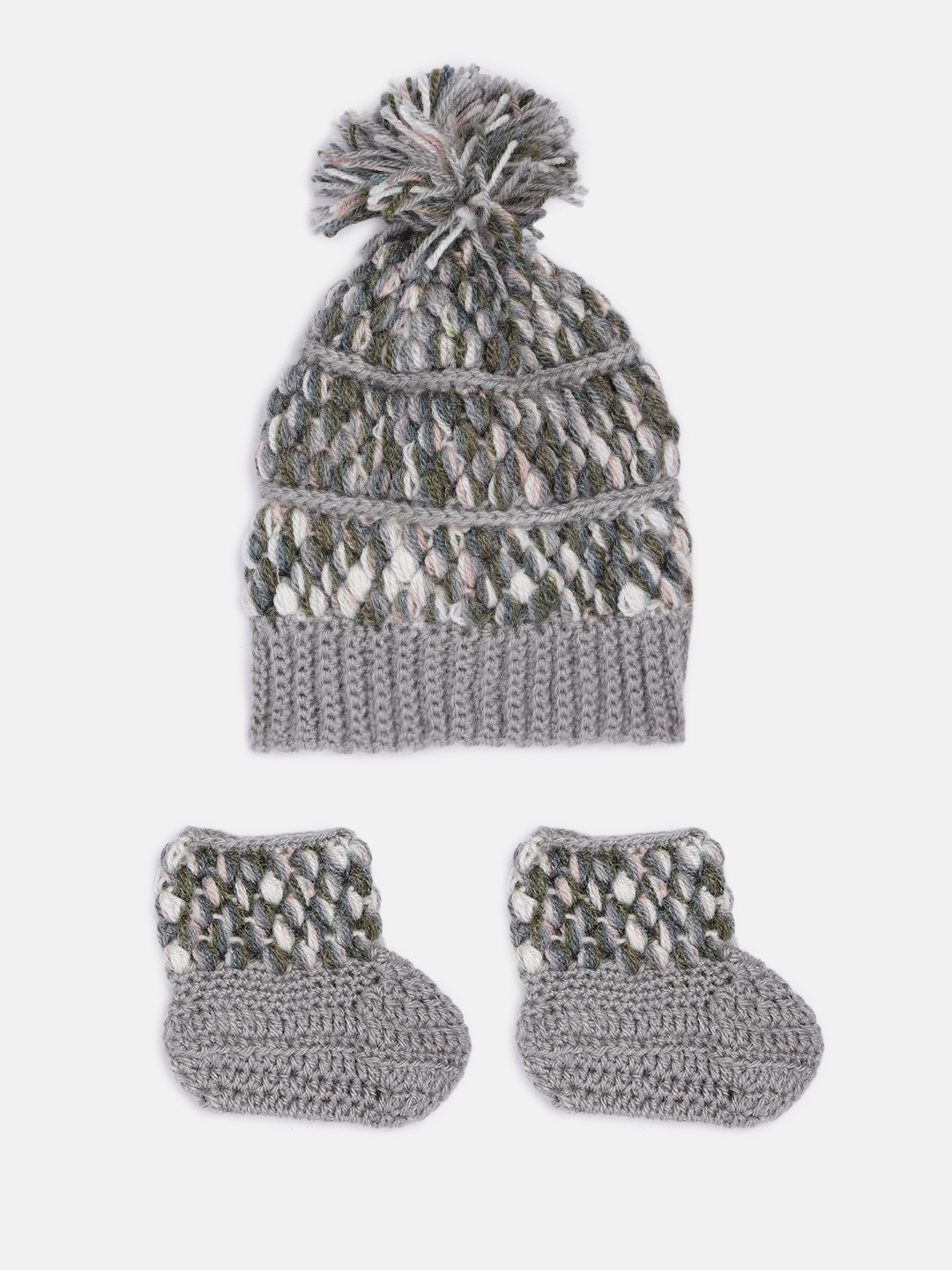 

Magic Needles Infant Grey Handmade Cap & Booties Gift Set