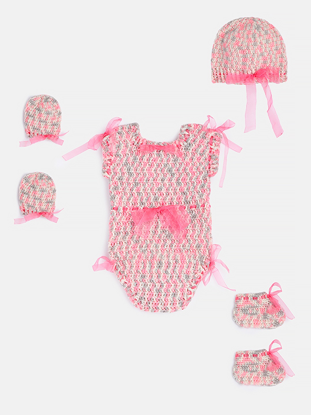 

Magic Needles Baby Pink & Off-White Handmade Crochet Apparel Gift Set