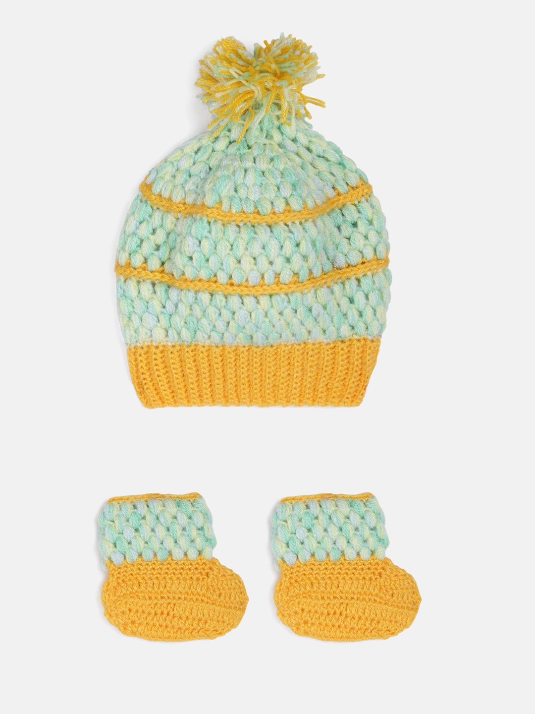 

Magic Needles Infant Yellow & Sea Green Handmade Cap & Booties Gift Set