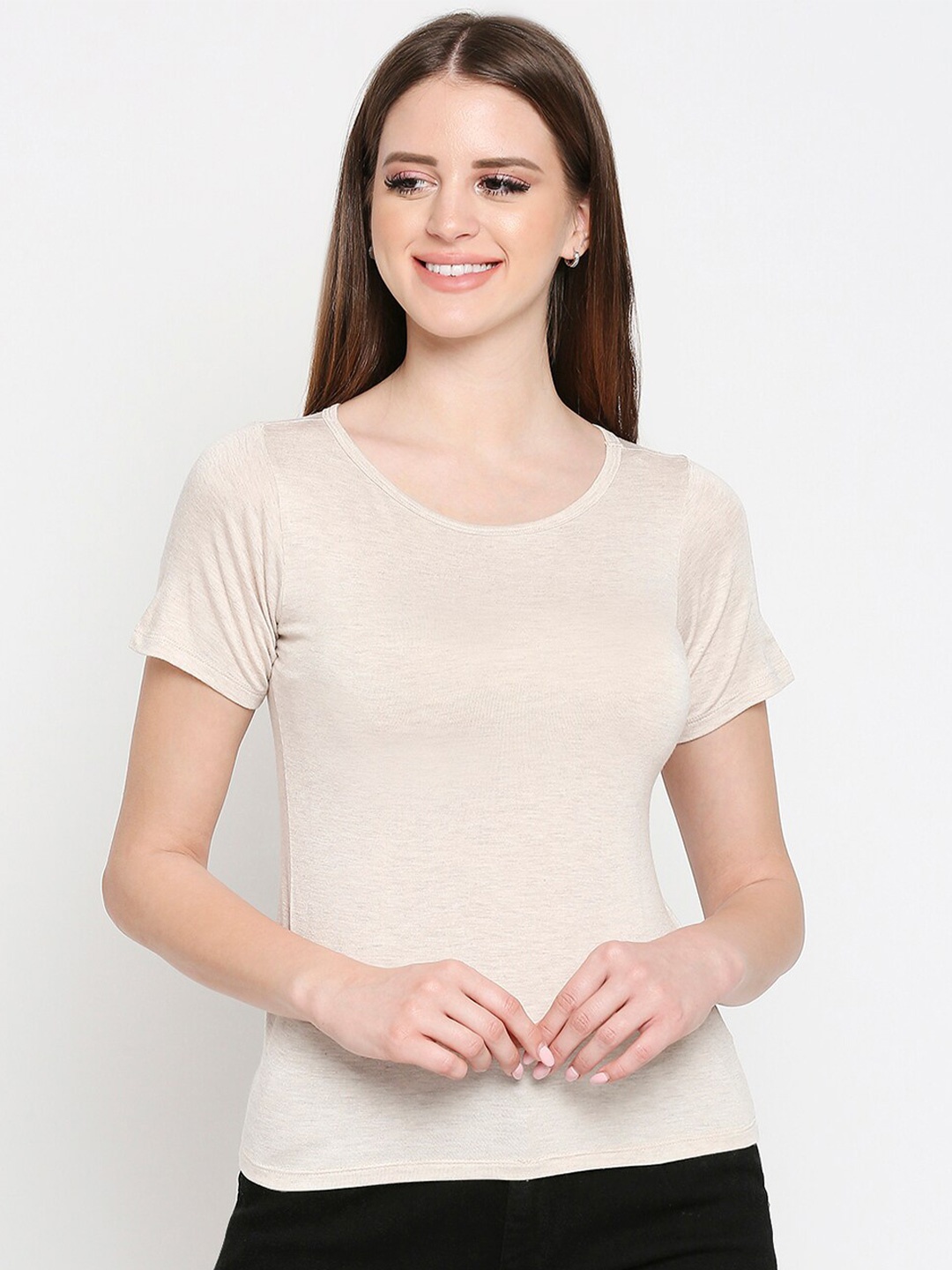 

inocenCia Women Off-White Solid Round Neck T-shirt